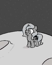 Size: 650x800 | Tagged: safe, artist:egophiliac, princess luna, alicorn, pony, moonstuck, g4, animated, blinking, comic, cute, female, filly, grayscale, it begins, lunabetes, monochrome, moon, smiling, solo, space, standing, tumblr, woona