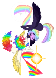 Size: 1818x2532 | Tagged: safe, artist:toastiepony, oc, oc only, oc:eventide crescent, oc:morningstar prism, alicorn, pony, alicorn oc, duo, female, flying, mare, moon, rainbow, rainbow hair, sun