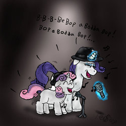 Size: 800x800 | Tagged: safe, artist:teagigs, rarity, sweetie belle, g4, duo, eyes closed, glowing horn, hat, horn, levitation, magic, microphone, scat singing, scatman john, singing, sisters, telekinesis