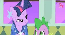 Size: 635x351 | Tagged: safe, screencap, pinkie pie, spike, twilight sparkle, g4, my little pony: friendship is magic, the best night ever, clothes, dress, gala dress, lidded eyes, out of context