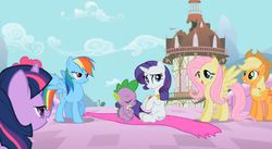Size: 632x347 | Tagged: safe, screencap, applejack, fluttershy, pinkie pie, rainbow dash, rarity, spike, twilight sparkle, pony, g4, secret of my excess, bridge, cape, clothes, lidded eyes, mane seven, mane six, out of context, ponyville, ponyville town hall