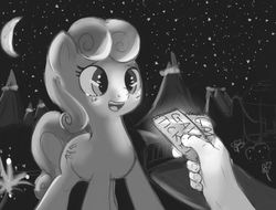 Size: 794x605 | Tagged: artist needed, source needed, safe, bon bon, sweetie drops, earth pony, human, pony, g4, amused, bon bon is amused, crying, drawfag, glowing, grand galloping gala, hand, happy, monochrome, presenting, tears of joy, ticket, wholesome