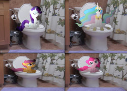 Size: 1600x1144 | Tagged: safe, artist:metalgriffen69, pinkie pie, princess celestia, rarity, scootaloo, g4, but why, irl, photo, ponies in real life, potty, potty time, sitting, sitting on toilet, toilet, why