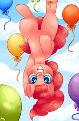 Size: 750x1149 | Tagged: dead source, safe, artist:nanghyang, pinkie pie, earth pony, pony, g4, balloon, cloud, colored pupils, cute, diapinkes, female, floating, looking at you, sky, smiling, solo, then watch her balloons lift her up to the sky, upside down