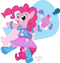 Size: 1302x1374 | Tagged: safe, artist:meganlovesangrybirds, pinkie pie, earth pony, pony, g4, bipedal, clothes, cupcake, equestria girls outfit, female, simple background, solo, transparent background