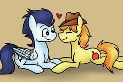 Size: 1280x853 | Tagged: safe, artist:vividvulpine, braeburn, soarin', g4, gay, heart, male, ship:soarburn, shipping