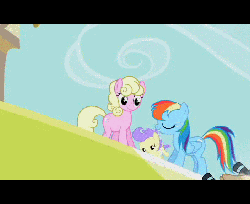 Size: 704x576 | Tagged: safe, screencap, cream puff, millie, rainbow dash, snappy scoop, earth pony, pegasus, pony, g4, the mysterious mare do well, animated, animation error, baby, baby flip, cameras, female, mare, mouth hold