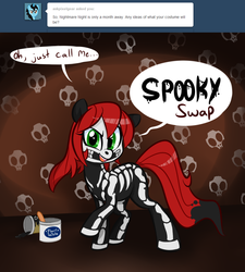 Size: 906x1006 | Tagged: safe, artist:jessy, oc, oc only, oc:palette swap, earth pony, pony, tumblr:ask palette swap, >:), clothes, costume, female, looking at you, mare, nightmare night, paint, skeleton costume, skull, smiling, solo, spooky, tumblr