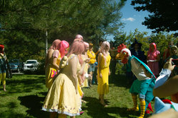 Size: 900x600 | Tagged: artist needed, safe, artist:cute-wolfie, fluttershy, cockatrice, human, g4, animal, antagonist, clothes, convention, cosplay, costume, group photo, irl, irl human, ndk, photo