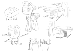 Size: 800x600 | Tagged: safe, artist:fantasyglow, oc, object pony, original species, robot, design, first aid, first aid kit pony, monochrome, nurse, ponified