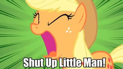 Size: 960x540 | Tagged: safe, edit, edited screencap, screencap, applejack, g4, my little pony: friendship is magic, over a barrel, female, image macro, pete n' ray, reaction image, reference, solo, yelling