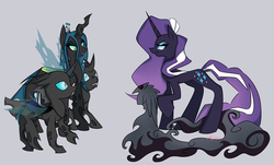 Size: 1989x1200 | Tagged: safe, artist:lollypopa, nightmare rarity, queen chrysalis, changeling, changeling queen, pony, unicorn, g4, antagonist, female