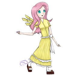Size: 800x800 | Tagged: safe, artist:poisonicpen, fluttershy, butterfly, human, g4, danganronpa, female, humanized, simple background, solo, white background, winged humanization