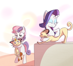 Size: 1100x1000 | Tagged: safe, artist:cheshiresdesires, rarity, sweetie belle, meowth, persian, pony, g4, crossover, hilarious in hindsight, pokémon