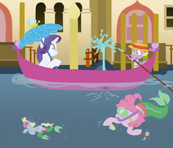 Size: 680x583 | Tagged: safe, artist:scintillant-h, derpy hooves, pinkie pie, rarity, spike, pegasus, pony, g4, boat, female, gondola, male, mare, ship:sparity, shipping, straight, umbrella