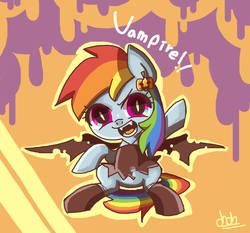 Size: 750x700 | Tagged: safe, artist:chch, rainbow dash, pony, vampire, g4, chibi, cute, dashabetes, fangs, female, hairpin, looking at you, pumpkin, solo