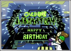 Size: 2419x1741 | Tagged: safe, artist:gray--day, oc, oc:calpain, birthday, calpain, crossover, dexter's laboratory, goggles