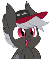 Size: 622x729 | Tagged: safe, artist:equestria-prevails, oc, oc only, oc:heartburn, bat pony, pony, baseball cap, bat pony oc, cute, cute little fangs, edgy, fanfic, fanfic art, fanfic cover, fangs, happy, hat, open mouth, red eyes, simple background, smiling, solo, tongue out, top gun hat, transparent background