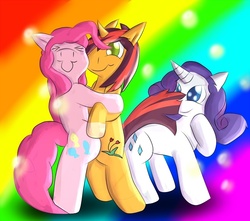 Size: 777x688 | Tagged: safe, artist:zegawa-kin, pinkie pie, rarity, oc, g4, cute, hug, radiant bloom, rainbow