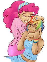 Size: 692x900 | Tagged: safe, artist:bux, pinkie pie, rainbow dash, human, g4, female, hug, humanized, lesbian, ship:pinkiedash, shipping, wristband