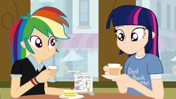 Size: 1191x670 | Tagged: safe, artist:garretthegarret, rainbow dash, twilight sparkle, equestria girls, g4, cafe, cake, coffee, humanized