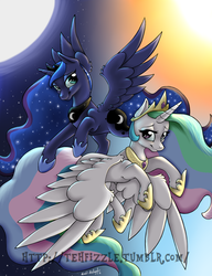 Size: 1077x1401 | Tagged: safe, artist:nessia, princess celestia, princess luna, g4, moon, sun