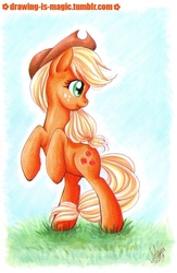 Size: 521x800 | Tagged: safe, artist:mana-kyusai, applejack, earth pony, pony, g4, female, looking back, rearing, solo, traditional art