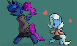 Size: 438x263 | Tagged: safe, artist:fauxsquared, princess luna, trixie, semi-anthro, luna-afterdark, g4, clothes, duo