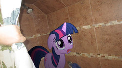 Size: 1600x899 | Tagged: safe, artist:metalgriffen69, twilight sparkle, human, g4, brony, crying, curtains, floppy ears, frown, irl, irl human, open mouth, photo, ponies in real life, sad, shower, why, wide eyes