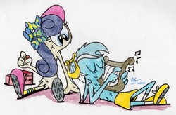 Size: 1811x1190 | Tagged: safe, artist:spongefox, bon bon, lyra heartstrings, sweetie drops, g4, crossover, harp, musical instrument, species swap, traditional art, wander over yonder