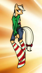 Size: 727x1241 | Tagged: safe, artist:xxbirthdaymousecrexx, applejack, earth pony, anthro, unguligrade anthro, g4, bow, clothes, female, missing accessory, socks, solo, striped socks