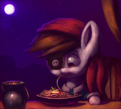 Size: 1024x922 | Tagged: safe, artist:grissaecrim, pipsqueak, g4, detailed, eating, male, moon, night, pipsqueak eating spaghetti, sky, solo, spaghetti, squeakabetes, stars