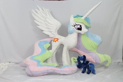 Size: 900x600 | Tagged: safe, artist:karasunezumi, princess celestia, princess luna, alicorn, pony, g4, duo, irl, photo, plushie, size difference, spread wings, standing, wings