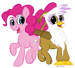 Size: 1500x1354 | Tagged: safe, artist:saine grey, gilda, pinkie pie, griffon, g4, color, duo, simple background, transparent background