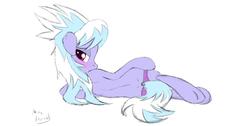 Size: 1360x686 | Tagged: safe, artist:drizziedoodles, cloudchaser, pegasus, pony, g4, back, blushing, butt, clothes, female, hooves, human shoulders, looking back, mare, on side, panties, plot, solo, sultry pose, underwear