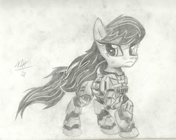 Size: 2906x2312 | Tagged: safe, artist:drizziedoodles, octavia melody, g4, armor, crossover, female, halo (series), monochrome, solo, spartan, traditional art