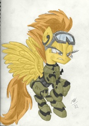 Size: 2239x3161 | Tagged: safe, artist:drizziedoodles, spitfire, g4, armor, clothes, crossover, female, halo (series), high res, solo, spartan, traditional art