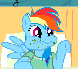 Size: 606x540 | Tagged: safe, screencap, rainbow dash, pony, g4, read it and weep, animated, bed, chewing, cropped, crumbs, eating, female, food, hospital bed, puffy cheeks, solo, waving, wavy mouth