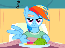 Size: 605x450 | Tagged: safe, screencap, rainbow dash, pony, g4, read it and weep, animated, bandaid, bed, chewing, cropped, eating, female, floppy ears, gulp, hospital bed, jello, licking, messy eating, open mouth, solo, tongue out