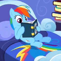 Size: 388x388 | Tagged: safe, screencap, rainbow dash, pegasus, pony, read it and weep, animated, bed, book, cropped, cute, dashabetes, eyes closed, female, gif, indoors, interior, kicking, leg wiggle, loop, mare, open mouth, rainbow dash's house, reading, smiling, solo