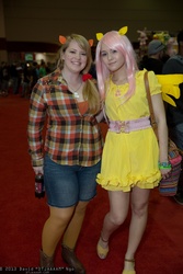 Size: 1365x2048 | Tagged: artist needed, safe, applejack, fluttershy, human, g4, convention, cosplay, irl, irl human, megacon, photo