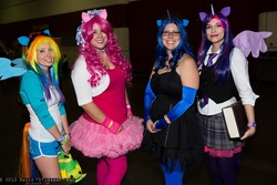 Size: 2048x1365 | Tagged: safe, artist:dtjaaaam, pinkie pie, princess luna, rainbow dash, twilight sparkle, alicorn, human, g4, clothes, convention, cosplay, glasses, irl, irl human, megacon, necktie, photo, tutu, twilight sparkle (alicorn)