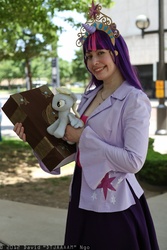 Size: 1365x2048 | Tagged: safe, artist:mandyneko, derpy hooves, twilight sparkle, human, g4, 2012, a-kon, big crown thingy, book, convention, cosplay, elements of harmony, irl, irl human, outdoors, photo, plushie, solo