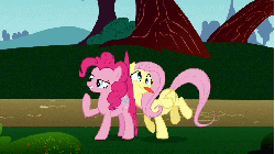 Size: 853x479 | Tagged: safe, screencap, fluttershy, pinkie pie, earth pony, pegasus, pony, dragonshy, g4, animated, derp, dizzy, female, mare, tongue out