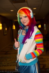 Size: 1365x2048 | Tagged: safe, artist:dtjaaaam, rainbow dash, human, g4, 2013, anime los angeles, clothes, cosplay, headphones, irl, irl human, jacket, photo, solo