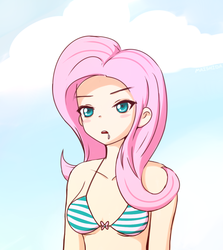 Size: 1142x1282 | Tagged: safe, artist:maishida, fluttershy, human, g4, bikini, clothes, drool, female, humanized, solo, swimsuit