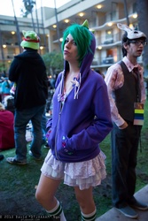Size: 1365x2048 | Tagged: safe, artist:dtjaaaam, spike, human, g4, 2013, anime los angeles, barb, clothes, convention, cosplay, hoodie, irl, irl human, photo, rule 63, skirt, toy