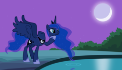 Size: 1792x1024 | Tagged: dead source, safe, artist:parclytaxel, princess luna, alicorn, headless horse, pony, g4, cave, cave pool, crescent moon, female, headless, hoof hold, luna module, mare, mirror pool, modular, moon, night, pond, reflection, ripple, sky, smiling, solo, spread wings, stars, svg, vector, wat, water, wings