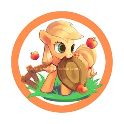 Size: 480x480 | Tagged: safe, artist:amy30535, applejack, g4, apple, cute, female, fence, filly, mouth hold, obligatory apple, solo, watermark