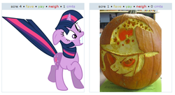 Size: 533x289 | Tagged: safe, trixie, twilight sparkle, g4, exploitable meme, halloween, holiday, jack-o-lantern, juxtaposition, juxtaposition win, meme, pumpkin